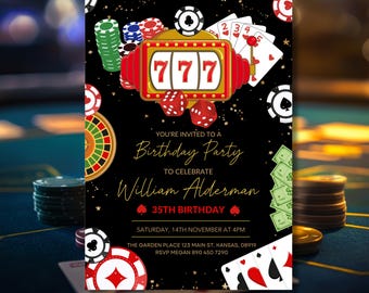 Edytowalne zaproszenie na wieczór pokerowy w kasynie, impreza z pokerem hazardowym, urodziny w stylu karcianym, zaproszenie do Vegas, piki