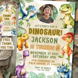 Editable Dinosaur Photo Birthday Invitation, T-rex Invite, Three Rex Kids Party, Stomp Chomp Roar