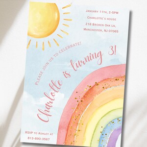 Rainbow Birthday Invitation, Girl Watercolor Invite, Pastel Magic Rainbow Party, Colorful Printable Digital Download image 3
