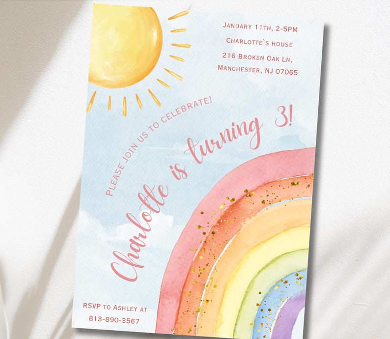 Rainbow Birthday Invitation, Girl Watercolor Invite, Pastel Magic Rainbow Party, Colorful Printable Digital Download image 3