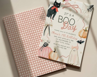 Invito di compleanno modificabile per Halloween con fiocco rosa, invito vintage con zucca arancione disegnata a mano, atmosfera spettrale, modello Canva