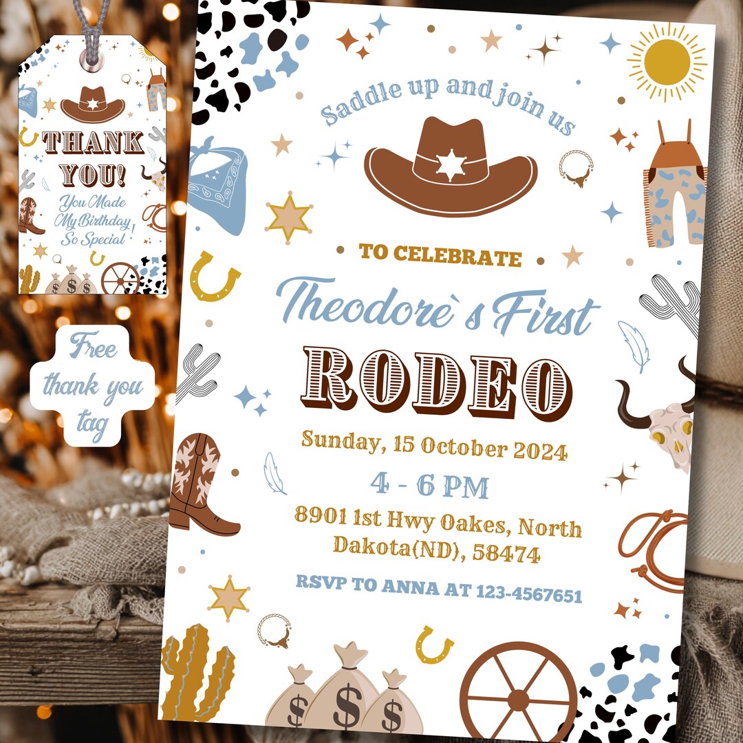 Editable Cowboy Rodeo Boy Birthday Invitation, First Wild West Party ...