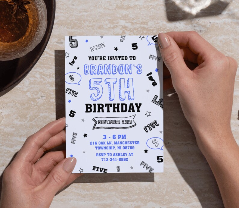 Editable 5th Blue Birthday Invitation, Five Colorful Numbers Invite ...