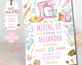 May include: Watercolor illustration of a birthday party invitation with baking-themed elements. Features a pink mixer, measuring scales, and the text "Mixing Up some birthday fun!" and "Alexandra is Turning 5". Includes a thank you tag.