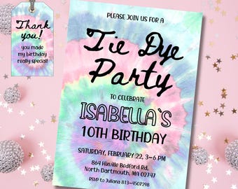 Editable Tie Dye Birthday Party Invitation, Art Invite, Pastel Craft Shirt Party, Canva