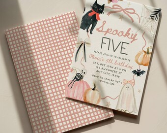 Invito di compleanno per bambina a tema Halloween "Spooky Five" modificabile, invito vintage disegnato a mano con fiocco rosa e zucca, Boo Day, modello Canva