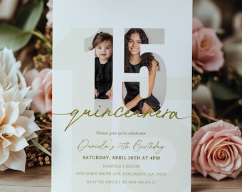 Editable Quinceañera 15th Birthday Photo Invitation, Minimalist Fifteen Invite, Sweet 15 Party, Digital Canva Template