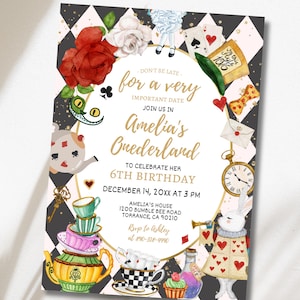 Alice im Wunderland-Einladung, bearbeitbare wunderliche Mad Tea Party einladen, Onederland-Mädchen, moderne Hutmacher-Katzengeburtstagsvorlage, digitale Karte