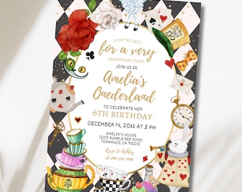 Alice in Wonderland Invitation, Editable Whimsical Mad Tea Party Invite, Onederland Girl, Modern Birthday Hatter Cat Template, Digital Card