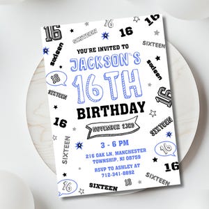 Bearbeitbar Einladung zum 16. Geburtstag, Sechzehnter Geburtstag einladen, moderne Geburtstagsfeier, schwarz weiße orange Comics Party, digitaler Download Canva