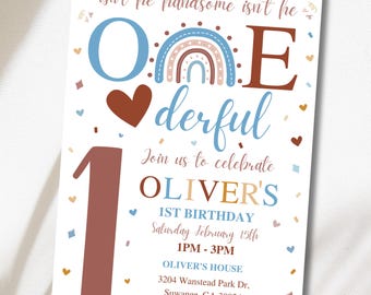 Editable Rainbow 1st Boho Birthday Invitation, Minimalist Modern Blue Brown First Boy Girl Invite, Canva Template