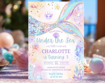 Editable Mermaid Birthday Invitation, Under the Sea Invite, Our Little Mermaid, Digital Template, Blue Gold Glitter Mermaid Tail Party