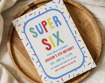 Confetti Super Six 6th Birthday Invitation, Colorful Bright Hand Drawn Party, Editable Canva Template CONF1