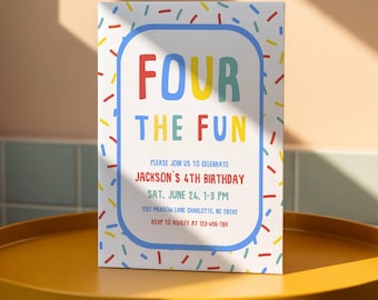 Colorful Confetti Four the Fun 4th Birthday Invitation, Hand Drawn Rainbow Party, Canva Template CONF1