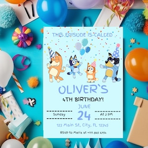 Bluey Invite Blue Dog Kids Girls Boys Birthday Party Digital Invitation Card