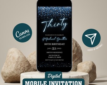 Invitation mobile d'anniversaire pour hommes adultes pour le 30e, invitation de trente ans par SMS bleu néon, carte minimaliste