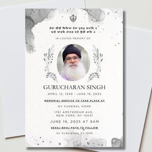 May include: A memorial card featuring a portrait of a man with a long white beard and a black turban. The card includes text in English and another language, along with dates and service details. The design has watercolor-style grey accents.