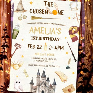 Invitación de cumpleaños editable "El Elegido" para mago, temática de escuela de magia y hechicería, primera fiesta de mago, formato digital.