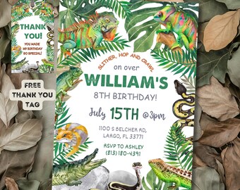 May include: A green and white birthday invitation with a jungle theme. The invitation features a variety of reptiles, including a chameleon, a snake, and a crocodile. The text on the invitation reads "William's 8th Birthday!" and includes the date and time of the party. A free thank you tag is also included.