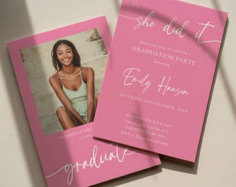 Invitación minimalista rosa para graduación, anuncio de fiesta de graduación con foto moderna, promoción de 2026