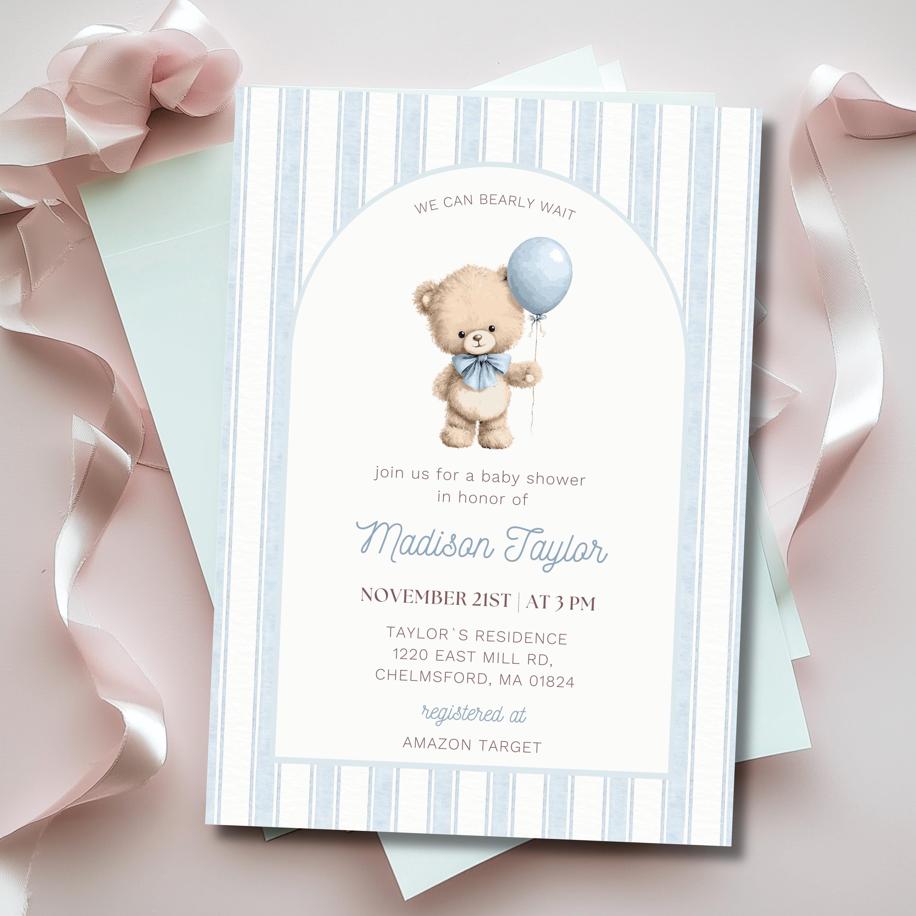 Teddy Bear Boy Baby Shower Invitation, Blue Grandmillennial Party Decor ...