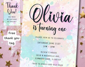 May include: A pastel-colored birthday invitation with the name "Olivia" in large script, announcing a first birthday celebration. Includes event details and a "Thank You" tag.