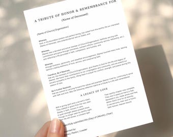 Editable Minimalist Funeral Resolution Letter, Church Grievance Tribute Honor Pastor Template, Memorial Service, Loving Memory, Canva