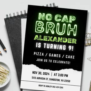 Neon No Cap Bruh Geburtstagseinladung, Teen Boy einladen, Teenager Spiele Pizza Kuchen Party, Bruh es ist mein Tag, Canva Vorlage, digitaler Download