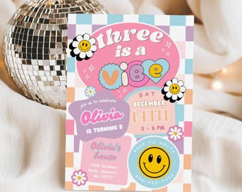 Editable Preppy Three Is A Vibe Birthday Invite, Groovy Smiley Face Retro Party Checkered Emoji, Digital Canva Template