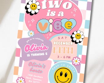 Editable Preppy Two Is A Vibe Birthday Invite, Groovy Smiley Face Retro, Checkered Emoji Invitation, Digital Canva Template