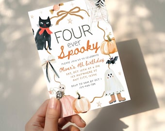 Editable Four Ever Spooky Halloween 4th Birthday Invitation, Vintage Hand Drawn Orange Pumpkin Invite, Boo Day, Canva Template