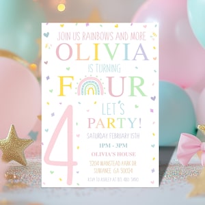 Invitación editable de arcoíris para niña de 4.º cumpleaños, inolvidable invitación en tonos pastel, fiesta mágica para siempre, plantilla Canva de descarga digital
