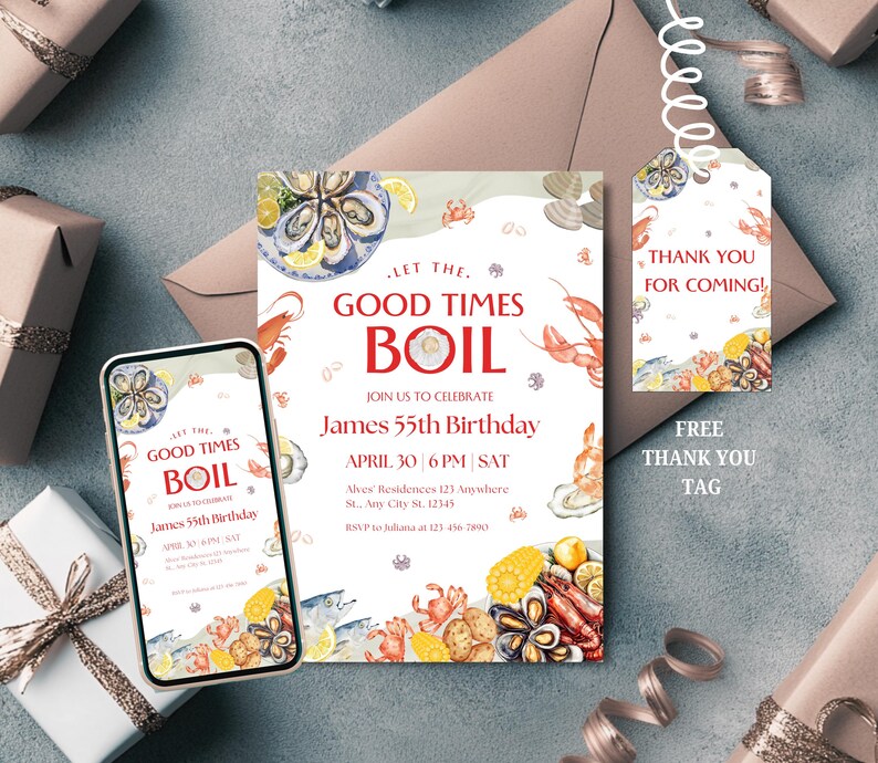 Editable Seafood Boil Party Invitation, Let the Good Times Boil, Crab
