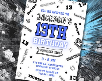 Editable 13th Blue Sport Birthday Invitation, Thirteen Numbers Invite, White Blue Comics Teen Party