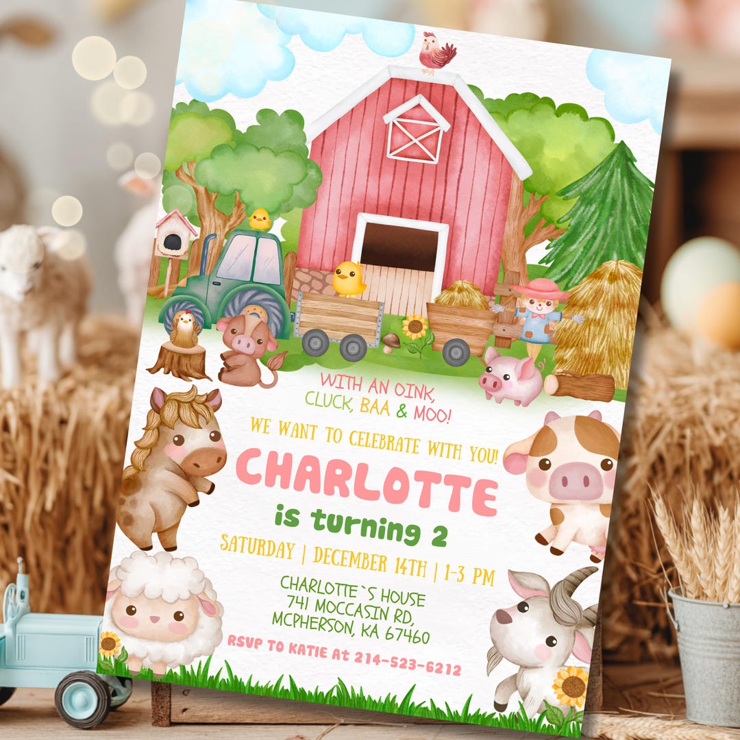 Editable Pink Farm Birthday Invitation, Barnyard Petting Zoo Cow Sheep ...