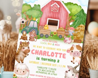 May include: A colorful farm-themed birthday invitation with a red barn, cartoon animals, and a green tractor. The invitation text reads "Charlotte is turning 2" and includes party details. The design features a whimsical illustration style.
