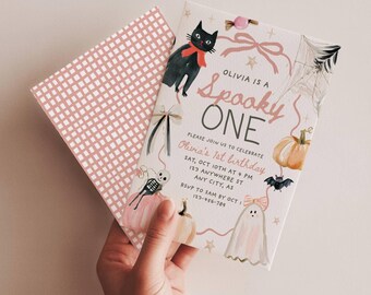Editable Spooky One Halloween 1st Girl Birthday Invitation, Hand Drawn Retro Pink Pumpkin Invite, First Boo Day, Digital Canva Template