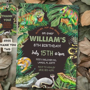 May include: A dark green, brown, and black invitation with a jungle theme. It says "William's 8th Birthday!" with a date and time. It also includes a free thank you tag.