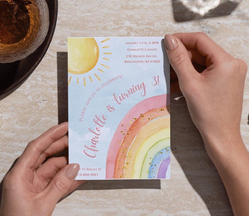 Rainbow Birthday Invitation, Girl Watercolor Invite, Pastel Magic Rainbow Party, Colorful Printable Digital Download image 8