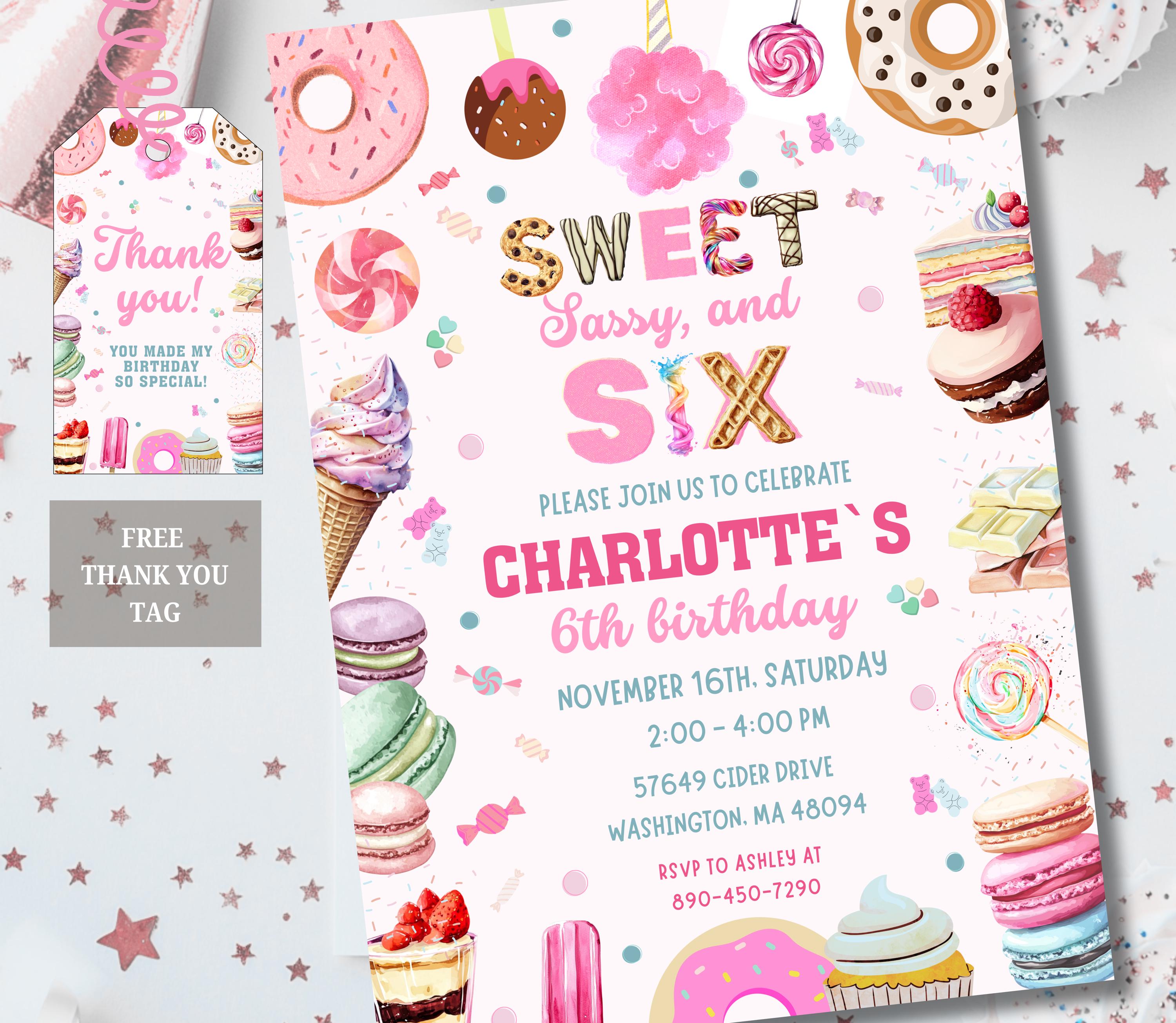 Sweet Sassy and Six Birthday Invitation, Girl Birthday invite, Cotton Candy, Sweets, Donut, Ice cream, Canva, Candy Invitation, Turning Six