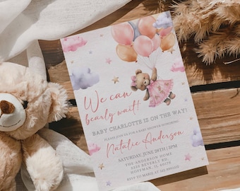 Editable Teddy Bear Baby Girl Shower Invitation, Balloons Toy Invite, We Can Bearly Wait