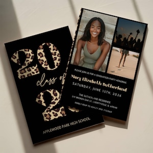 Puede incluir: Anuncio de graduación negro con detalles de estampado de leopardo. Presenta el texto "2026" en un patrón de estampado de leopardo, con las palabras "class of" en cursiva. Incluye una foto y detalles del evento.