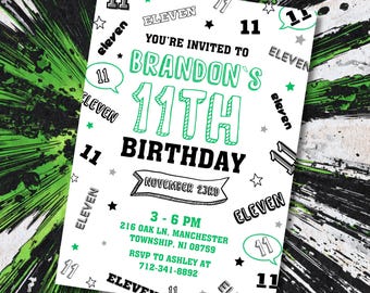 Invito modificabile per l'undicesimo compleanno verde, invito con undici numeri colorati, festa dei fumetti moderni, Canva