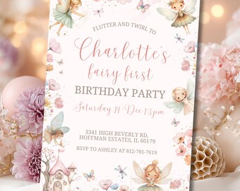 Editable Fairy 1st Birthday Invitation, Whimsical First Pink Magic Girl Party, Enchanted Forest, Canva
