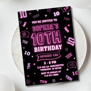 Modèle d'invitation modifiable pour 10 ans rose néon, 10 anniversaire, 10e invitation, imprimable permet de briller fou, phosphorescente, phosphorescente