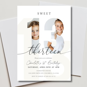 Minimalistische bearbeitbare Einladung zum 13. Geburtstag, dreizehn Geburtstag einladen, Sweet 13 Geburtstagsfeiervorlage, digitaler Download, Canva Printable