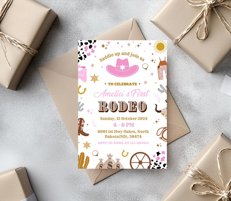 Editable Cowgirl Birthday First Rodeo Invitation Retro Invite Wild West