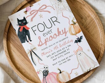 Editable Four Ever Spooky Halloween 4th Girl Birthday Invitation, Vintage Hand Drawn Pink Bow Pumpkin Invite, Boo Day, Canva Template