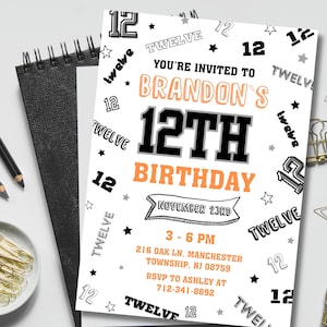 Invitación editable para 12.º cumpleaños, fiesta de cumpleaños con doce números, fiesta de cómics en blanco, negro y naranja, descarga instantánea, plantilla de Canva