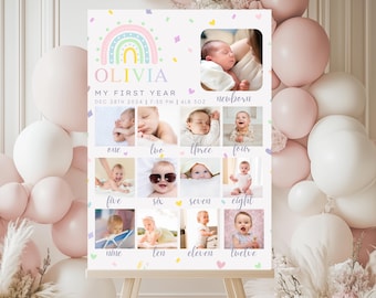 Può includere: Un collage fotografico del primo anno a tema arcobaleno per una bambina di nome Olivia. Il collage presenta 12 foto della bambina a diverse età, dalla nascita ai dodici mesi. Le foto sono disposte in una griglia con uno sfondo arcobaleno e coriandoli. Il testo "Olivia, Il mio primo anno, 28 dicembre 2024, 19:50, 6lb 5oz" è stampato nella parte superiore del collage.